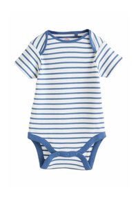 Pruhované krátkym rukávom body v bielej a modrej farbe, s okrúhlym výstrihom, kontrastným modrým lemovaním a zapínaním na patentky v spodnej časti.