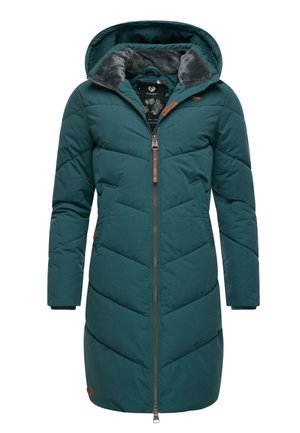Tegengestelde groene pufferjas met capuchon, voorzien van een ritssluiting en een gequilt textuur. Leren accenten en twee zijzakken maken het ontwerp compleet.