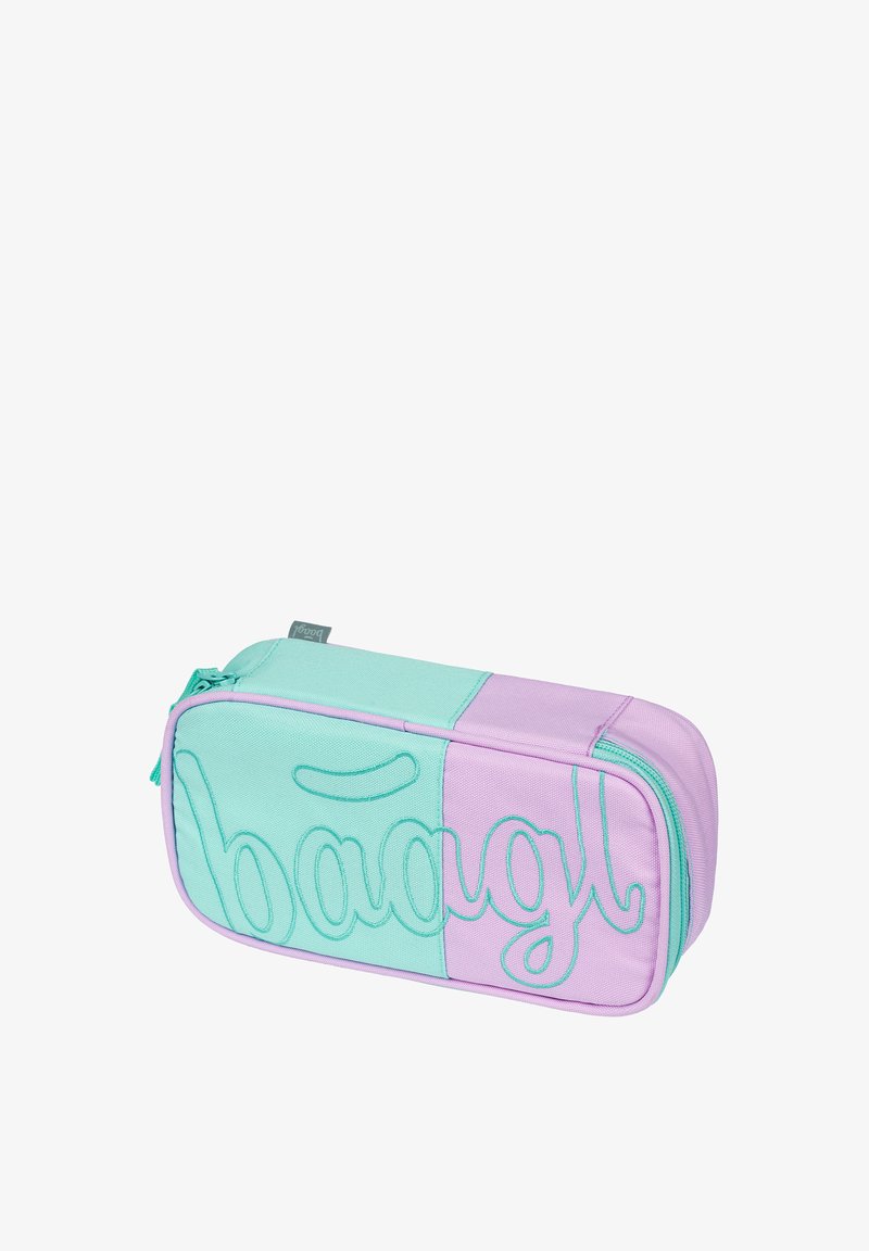 Large pencil case in teal and lavender, featuring contrasting sections and the embroidered text "baagl." Made of durable fabric with a smooth texture.