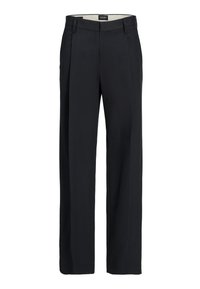 Pantalon droit noir sur mesure avec passants de ceinture et plis à l'avant, présenté sur fond blanc.