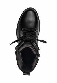 Black leather ankle boot with a textured finish, round toe, lace-up front, and a soft lined interior. Features a zip closure on the side.