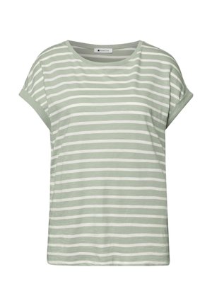 T-shirt à manches courtes, vert clair avec des rayures horizontales blanches et un col rond.