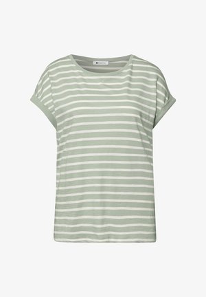 Short-sleeve, light green T-shirt with white horizontal stripes and a round neckline.