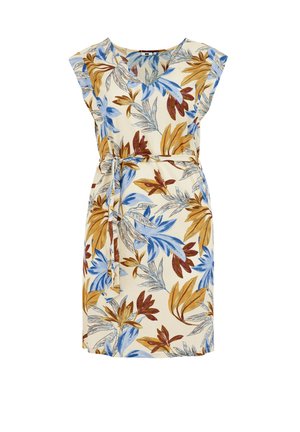 Bloemjurk met korte mouwen, voorzien van een V-hals, beige achtergrond en meerkleurige bladeren in blauwe, bruine en gele tinten. Inclusief een riem.