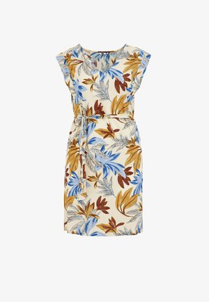 Kwiatowa sukienka z krótkimi rękawami, z dekoltem w kształcie litery V, beżowe tło oraz wielokolorowe liście w odcieniach niebieskiego, brązowego i żółtego. W komplecie pasek.