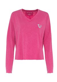 Roze lange mouwen V-hals top gemaakt van textuurstof. Heeft een klein grijs logo op de linkerkant van de borst en een ontspannen pasvorm.