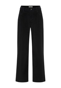 Black corduroy wide-leg trousers with a smooth texture, featuring front pockets and a front button closure.