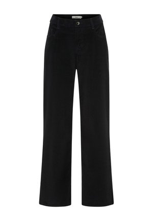 Pantaloni larghi in corduroy neri con una texture liscia, dotati di tasche frontali e chiusura con bottone anteriore.
