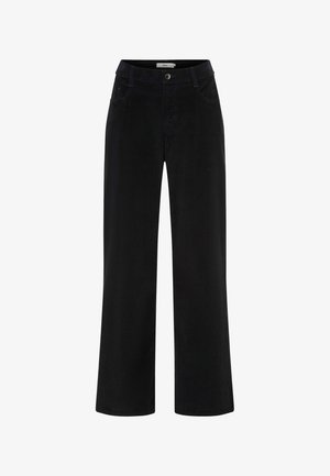 Pantaloni larghi in corduroy neri con una texture liscia, dotati di tasche frontali e chiusura con bottone anteriore.