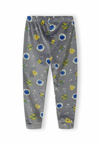 Pantaloni de pijama gri cu o textură moale, având modele colorate de planete și stele în nuanțe de albastru și galben. Mâncăr elastic pentru confort.