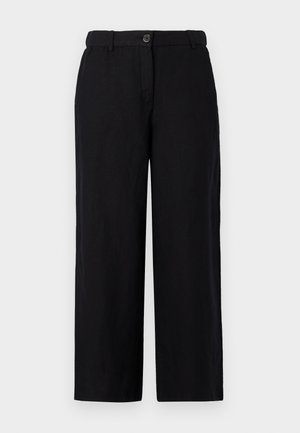 Pantalons larges noirs en tissu léger, dotés d'une fermeture à bouton sur le devant et de passants de ceinture. Texture lisse sans motifs visibles.