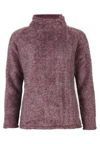 Puszysty sweter w odcieniu mauve, z wysokim kołnierzem i długimi rękawami. Miękka tekstura z lekko luźnym krojem, prezentujący minimalistyczny design.