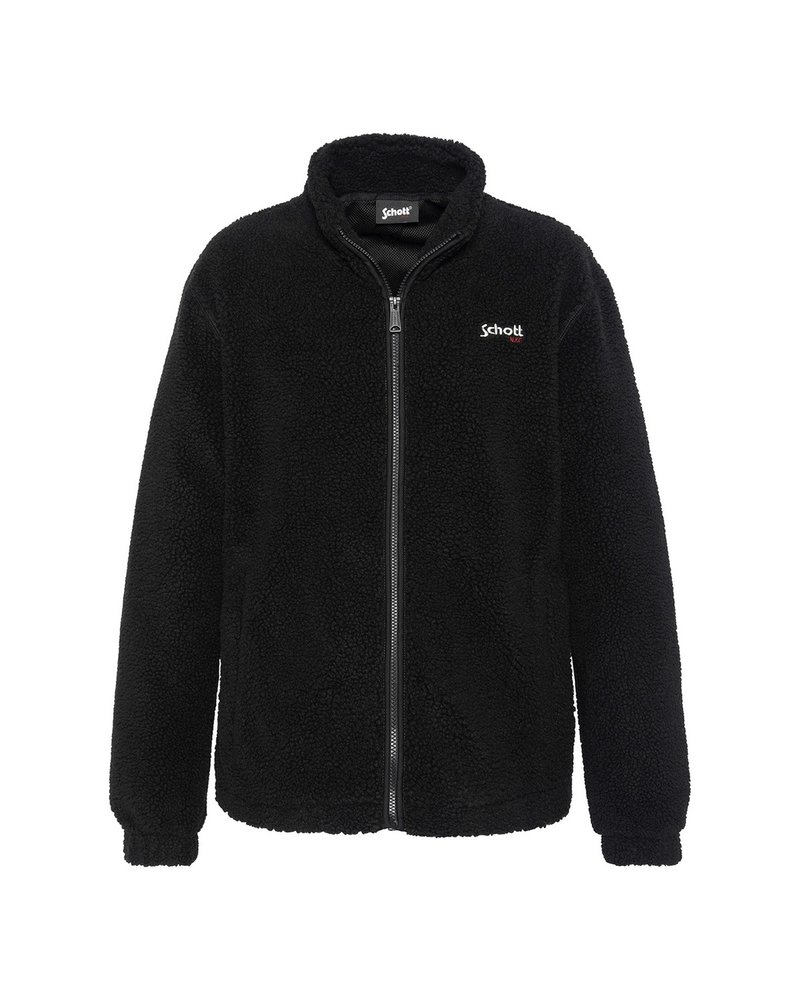 Czarna kurtka polarowa z zamkiem błyskawicznym z przodu, teksturowaną powierzchnią, stójką i logo na lewej piersi. Elastyczne mankiety i dół kurtki.