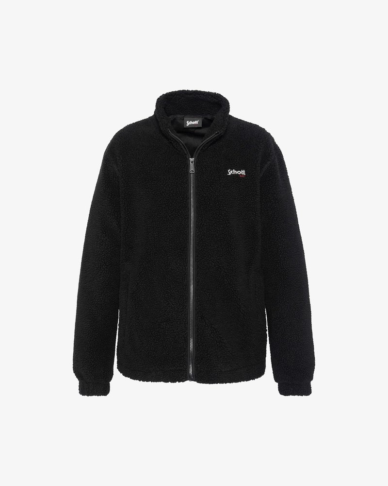 Czarna kurtka polarowa z zamkiem błyskawicznym z przodu, teksturowaną powierzchnią, stójką i logo na lewej piersi. Elastyczne mankiety i dół kurtki.