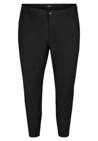 Svarta smala byxor i ett slätt tyg med knappstängning, bältesslingor, två framfickor och en avslappnad benform.