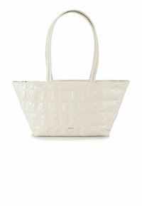 Witte handtas van nep-krokodillenleer met een brede, taps toelopende vorm, twee lange handvatten en een glanzende afwerking. Bovenkant met ritssluiting en subtiel logo detail.