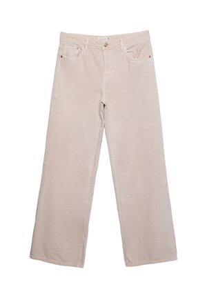 Light beige wide-leg pants made of soft cotton. Features five pockets, belt loops, and subtle stitching along the hem.