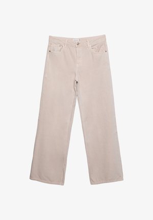 Helle beigefarbene weite Hosen aus weicher Baumwolle. Mit fünf Taschen, Gürtelschlaufen und dezenten Nähten entlang des Saums.