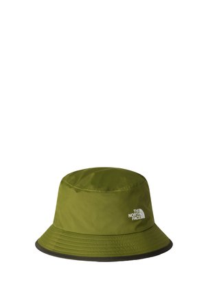 Oliwkowo-zielony kapelusz typu bucket z przeszywanym rondem i białym logo "The North Face" z przodu.