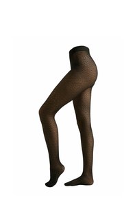 Schwarze, gemusterte Strumpfhosen mit einem Diamantdesign, weicher Textur und solidem Bund, präsentiert an einem schlanken Bein.