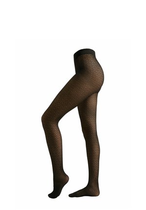 Černé punčochové kalhoty se vzorem diamantu, měkkou texturou a pevným pasem, vystavené na štíhlé noze.