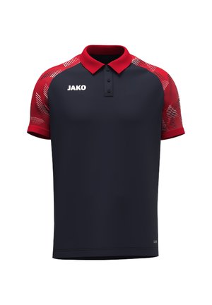 Marineblauw poloshirt met rode korte mouwen met patroon en kraag, met drie knopen en witte JAKO-logo op de borst.