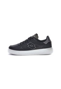 Black athletic sneaker with textured leather upper, white rubber sole, and round toe. Features a grey logo accent and fabric laces.