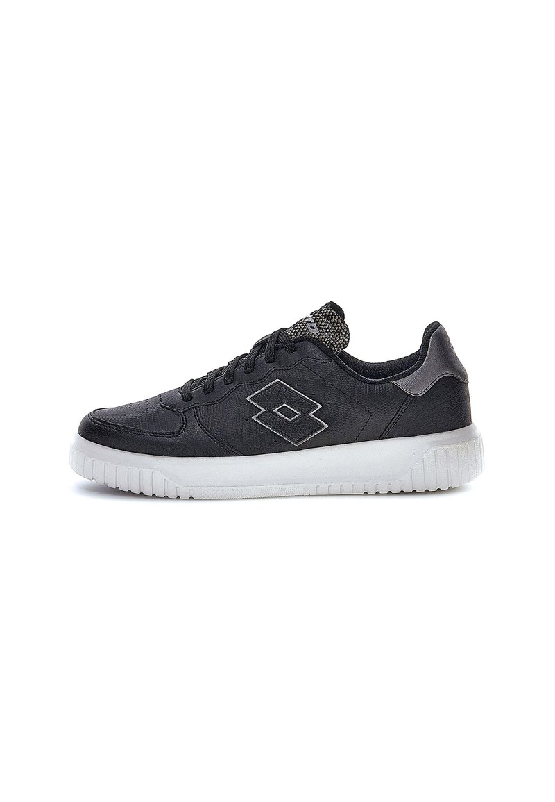 Black athletic sneaker with textured leather upper, white rubber sole, and round toe. Features a grey logo accent and fabric laces.