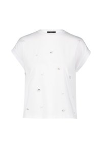 T-shirt blanc à manches courtes en coton doux, avec des embellissements de perles dispersés et une coupe décontractée avec un col rond.