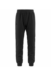 Pantalones de chándal negros con una cinturilla elástica, piernas ajustadas y puños acanalados. Presentan un logo en el muslo izquierdo y una tela suave y texturizada.