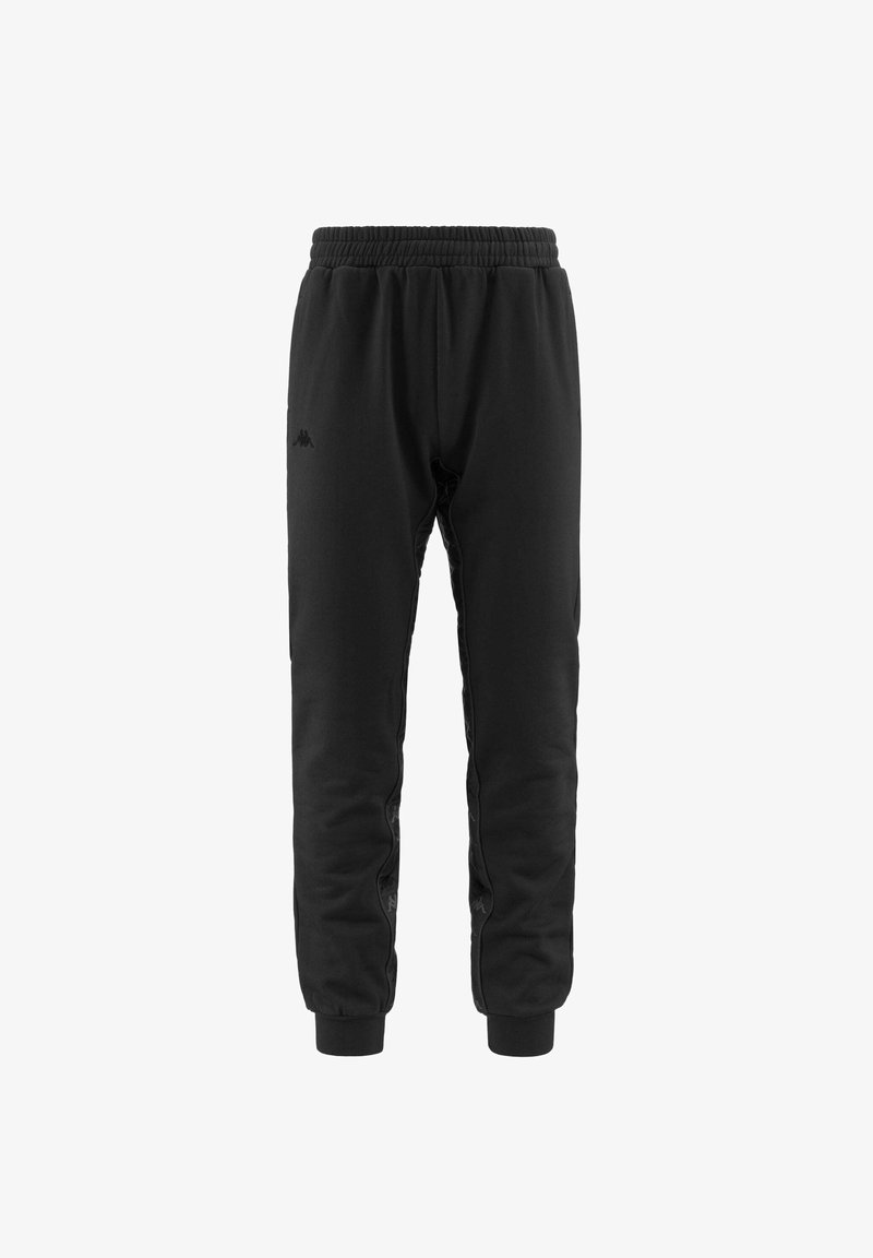 Pantalones de chándal negros con una cinturilla elástica, piernas ajustadas y puños acanalados. Presentan un logo en el muslo izquierdo y una tela suave y texturizada.