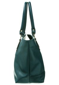 Sac à main en cuir vert foncé avec double poignées, ferrures dorées et coutures visibles, présenté de profil sur un fond blanc.