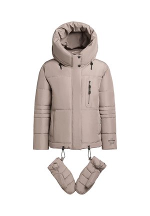Padded beige winter jacket with a large hood, front zipper, two front pockets, elastic cuffs, and detachable mittens.