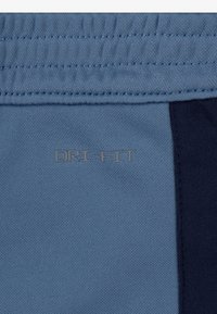 Lysblå sportsshorts med en marineblå sidepanel, lavet af fugttransporterende stof, med "DRI-FIT" logo broderet i grå.