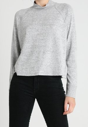 Vrouw draagt een lichtgrijze, lange mouwen trui met een col en zwarte aansluitende broek tegen een effen achtergrond.