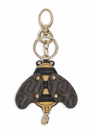 Portachiavi oro e marrone a forma di ape con ali in pelle fantasia, rivetti metallici e anelli e moschettone attaccati.