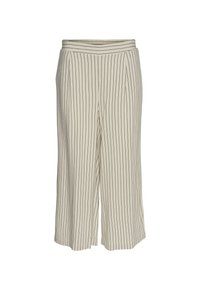 Pantaloni cropped beige a gamba larga con righe nere verticali e vita alta.