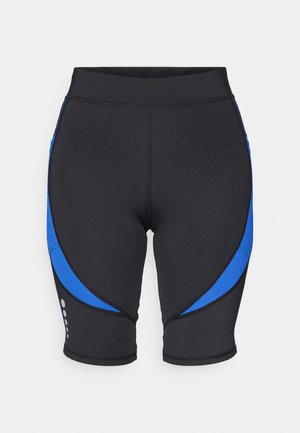 Shorts de sport noirs avec des accents en maille bleue, présentant une texture lisse, une longueur mi-cuisse et des coutures contrastées.