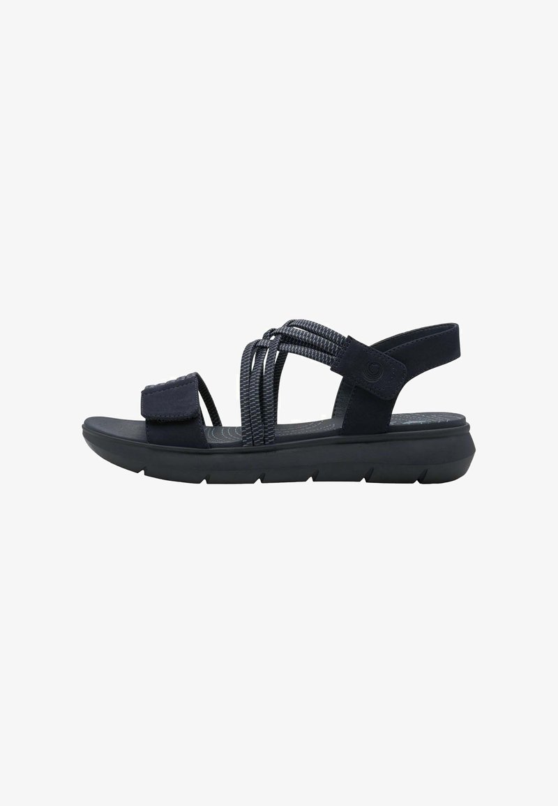 Sandale de sport noire avec des brides réglables, une semelle rembourrée et un design à bout ouvert, présentée de profil sur fond blanc.