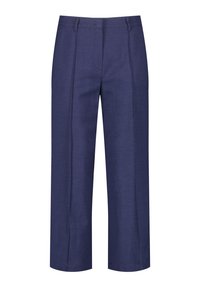 Marineblauwe op maat gemaakte broek met rechte pijpen, enkele plooien aan de voorkant en een gladde textuur. Ontworpen voor een moderne pasvorm.