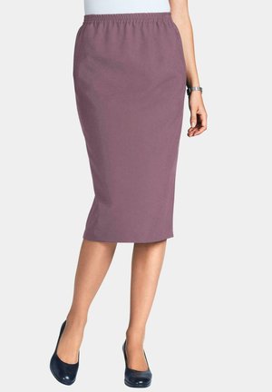 Elastische taille, knie-lange rok van stof in stoffig mauve; slank ontwerp met een soepele textuur. Draag met marineblauwe hakken.