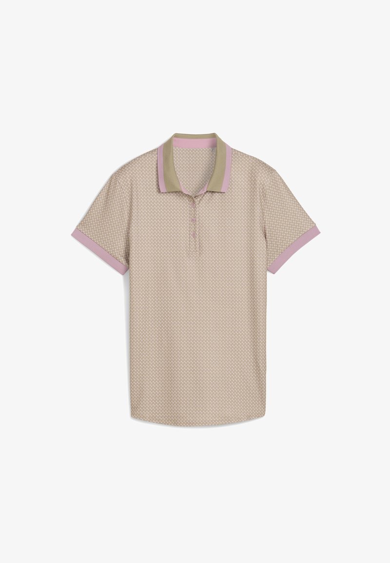 Camisa polo de manga curta em bege com um padrão texturizado, destacando um colarinho caqui e um acabamento rosa nas mangas. Com palas de três botões.