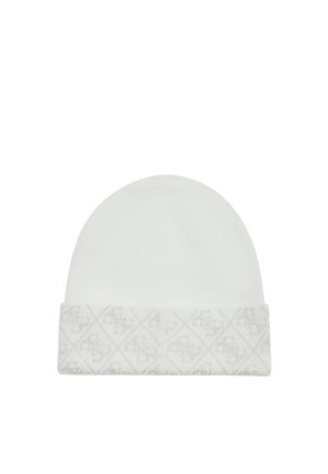 Cappello bianco lavorato a maglia con risvolto caratterizzato da un sottile motivo a diamante decorato con piccole perline lucenti.