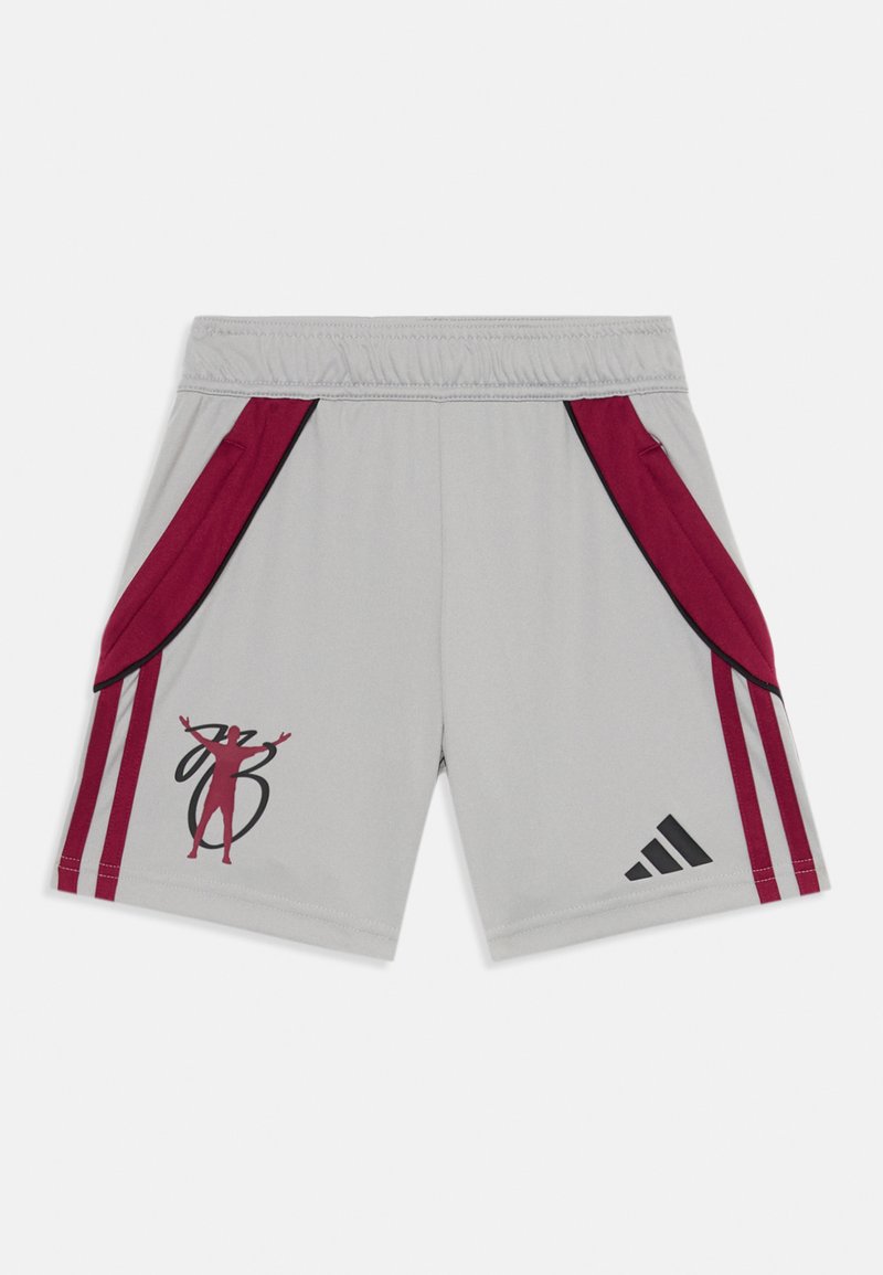 Graue Sportshorts mit kastanienroten Seitenpanelen, ausgestattet mit einem elastischen Bund und zwei Taschen. Schwarzes Logo und grafisches Design auf der Vorderseite.