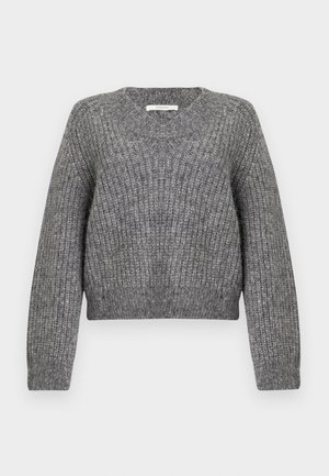 Grey knitted sweater with a ribbed texture, v-neckline, and long sleeves. The design is cropped, emphasizing a boxy silhouette.