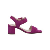 Purple suede open-toe sandal with block heel, ankle strap, and buckle closure on a white background.