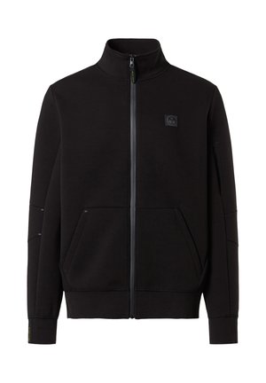 Felpa nera con zip realizzata in tessuto morbido. Presenta un colletto alto, due tasche frontali e una piccola etichetta con logo sul lato sinistro del petto.