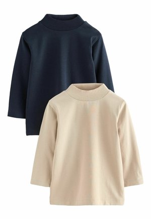 Two long-sleeve tops: one navy and one beige. Both feature a high neck, soft cotton material, and a relaxed fit with straight hems.
