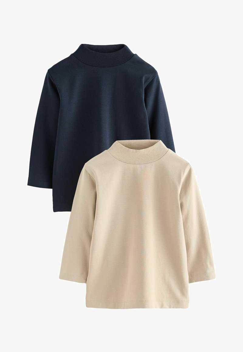 Zwei Langarmoberteile: eines in Marineblau und eines in Beige. Beide verfügen über einen hohen Kragen, ein weiches Baumwollmaterial und eine lockere Passform mit geraden Säumen.