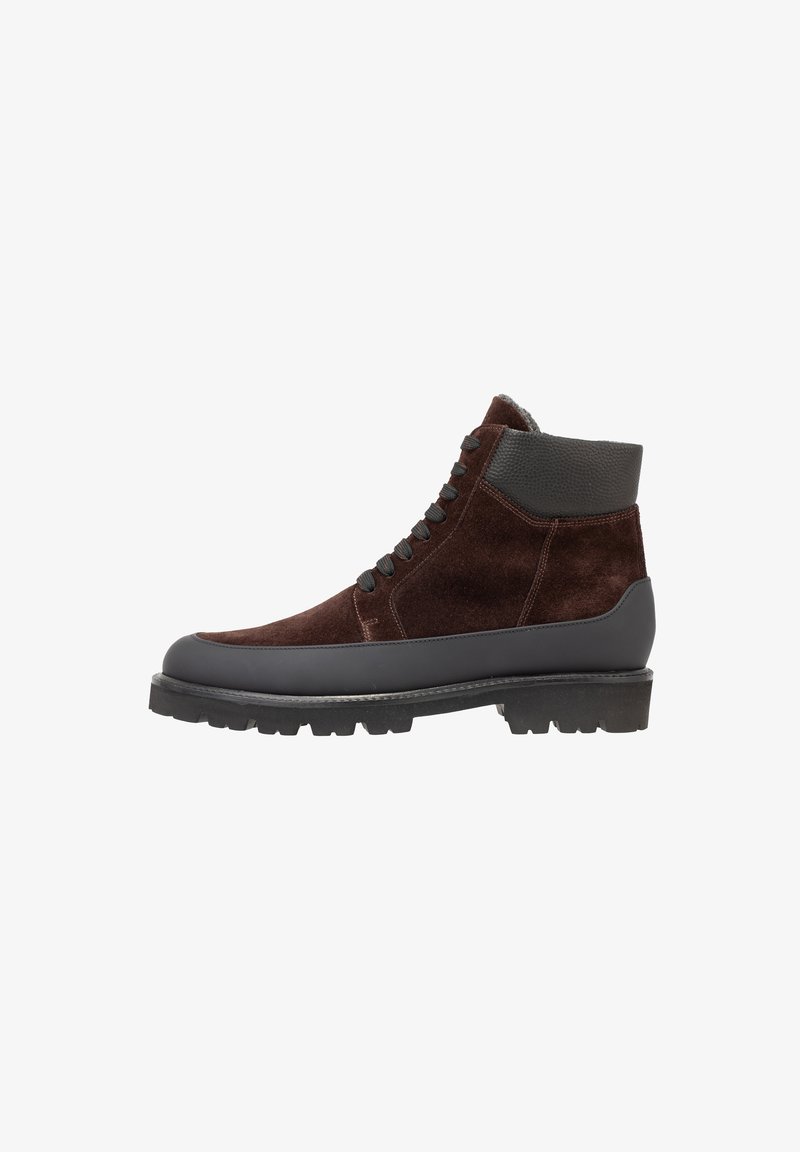 Brown suede ankle boots with a black rubber sole and textured leather accents. Features a lace-up design and insulated collar.